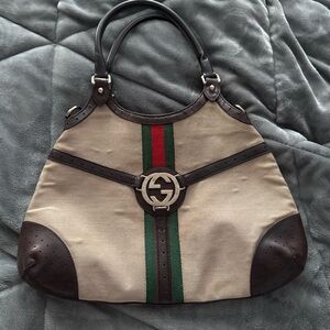 Gucci Beige Canvas Shoulder Bag with Brown Leather Trim and Green-Red Stripe